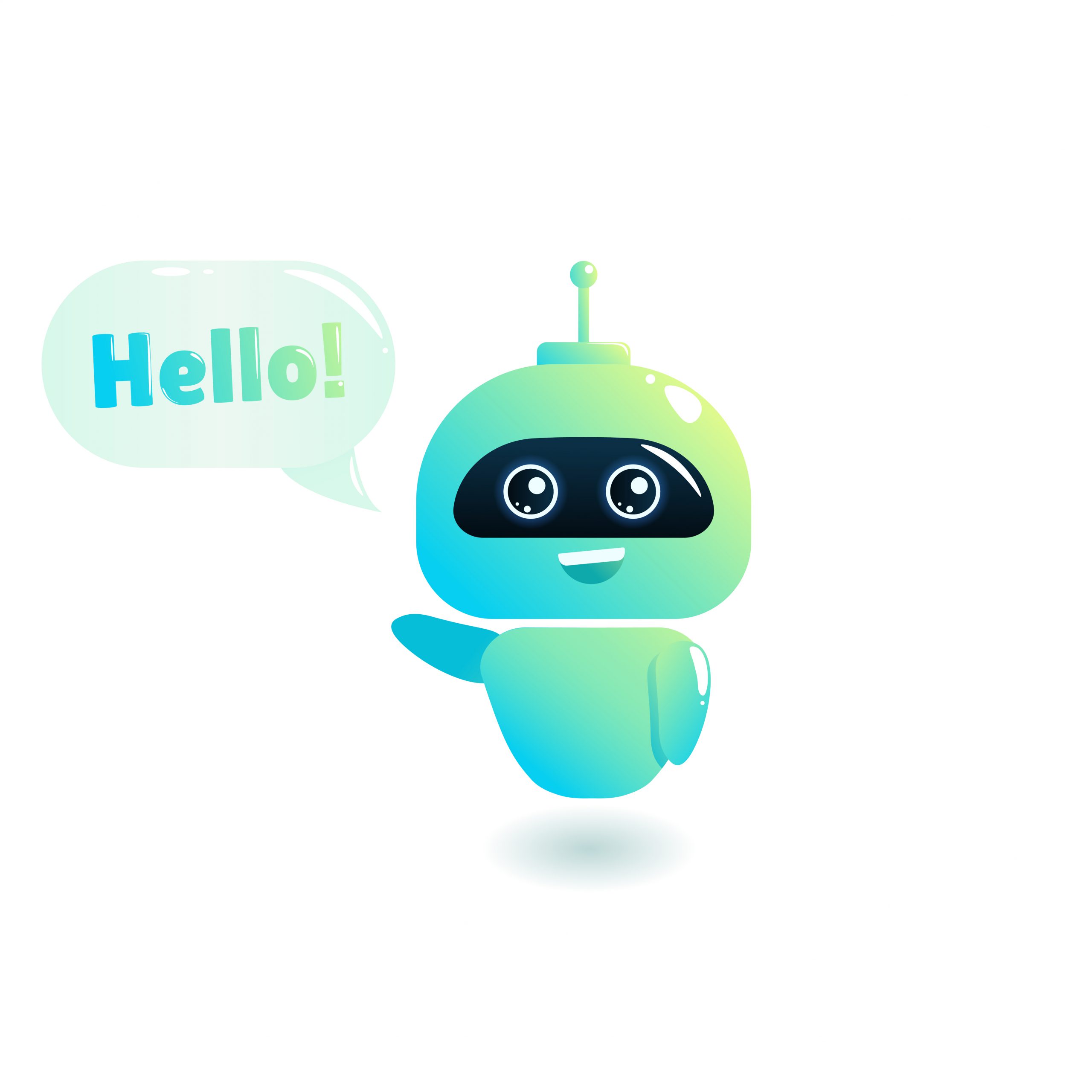 Cute bot say users Hello. Chatbot greets. Online consultation. Vector cartoon illustration